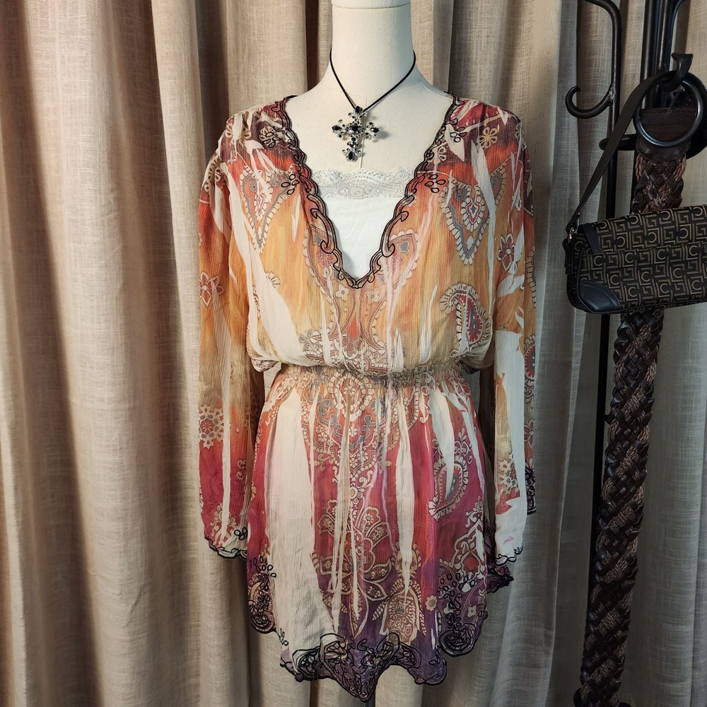 Mushka by Sienna Rose Paisley Chiffon Tunic Top 1X Orange Red Embroidered Boho